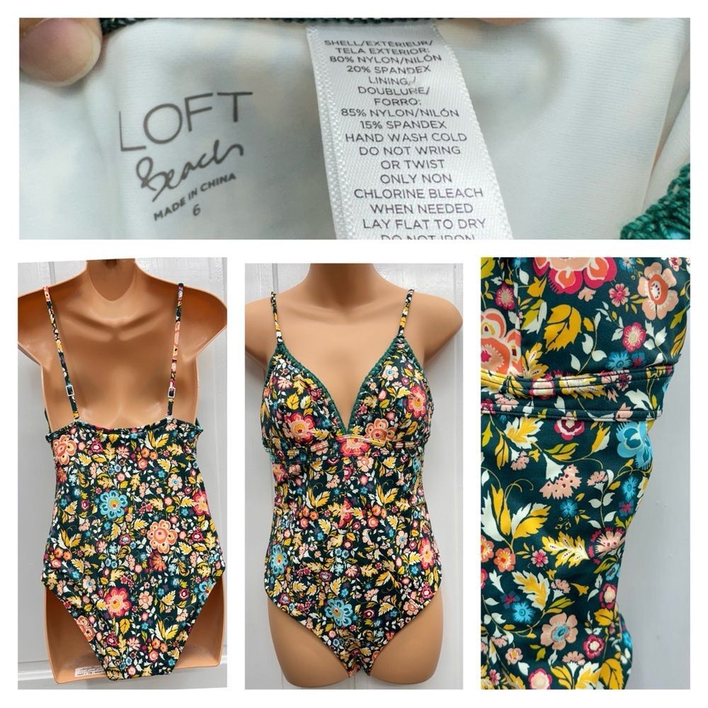 NWOT LOFT beach dark teal bright floral 1 oneβ piece swimsuit women's 6